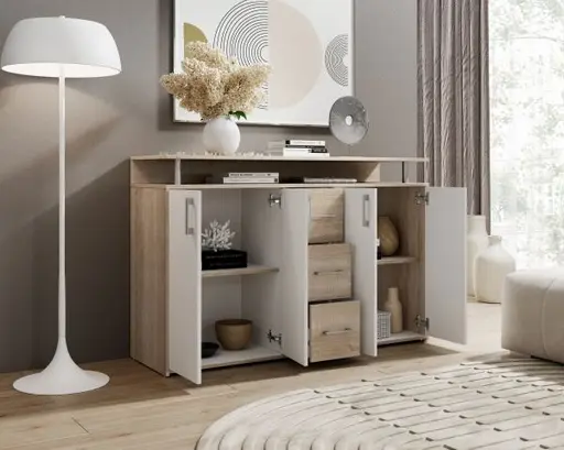 Highboard - B ca. 139 cm, Sonoma Eiche Nachbildung, Weiß