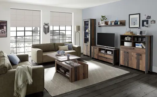 Vitrine FEA - mit Beleuchtung, Old-Wood Vintage Dekor, Betonoptik