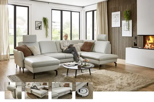 Wohnlandschaft - Longchair links mit 2,5-Sitzer und Ecke rechts, Leder, Silbergrau