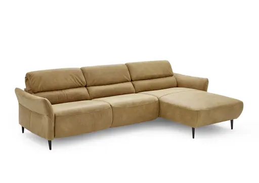 Ecksofa - 3-Sitzer mit Longchair rechts, Rückenlehne verstellbar, Leder, Kurkuma