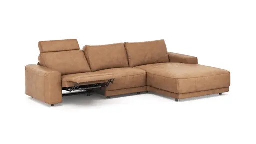 Ecksofa Balok - 2,5-Sitzer mit Longchair groß rechts, inkl. Relaxfunktion (motorisch) und Kopfstütze, Leder, Cognac