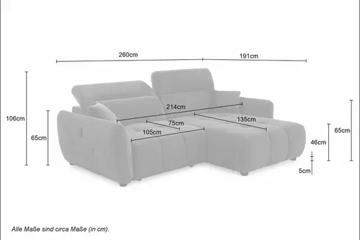 Ecksofa JAIMIE - 1,5-Sitzer mit Longchair rechts inkl. Relaxfunktion, verstellbare Kopfstütze, Stoff, Beige