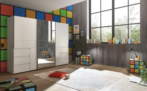 Schwebetürenschrank FJOLLA- B ca. 270 cm, Weiß, Spiegel