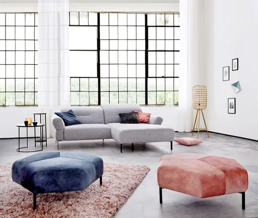 Ecksofa David - 1,5-Sitzer mit Longchair rechts inkl. Kopfstütze/Armlehne verstellbar, Stoff, Hellgrau