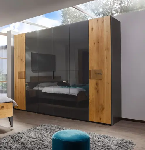 Drehtürenschrank - B. ca. 301 cm, Außentüren Wildeiche massiv mit Hirnholzeinlage massiv, Farbglas Graphit