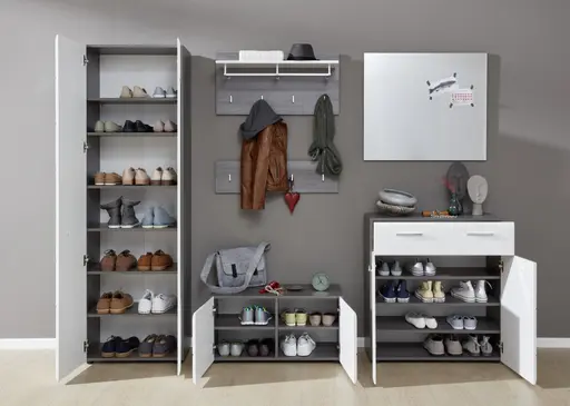 Garderobenschrank - Weiß Hochglanz, Grau