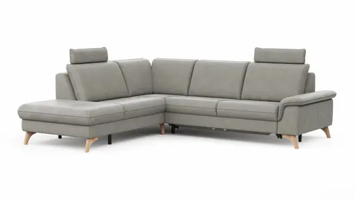 Ecksofa Tulsa KS - 1,5-Sitzer mit Anstellhocker aufklappbar links, Spitzecke und 2,5-Sitzer rechts, inkl. Kopfstütze, AL verstellbar und Schlaffunktion, Leder, Graubeige