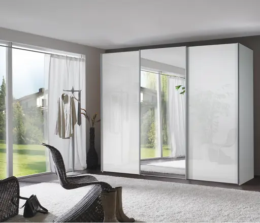 Schwebetürenschrank - B. ca. 250 cm, mittig Spiegeltüre, Glas Weiß