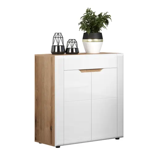Kommode - B ca. 91 cm, Eiche Evoke Nachbildung, Weiß Hochglanz