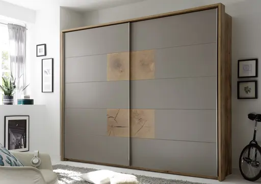 Schwebetürenschrank - B ca. 270 cm, Wildeiche, Basaltgrau, Hirnholz