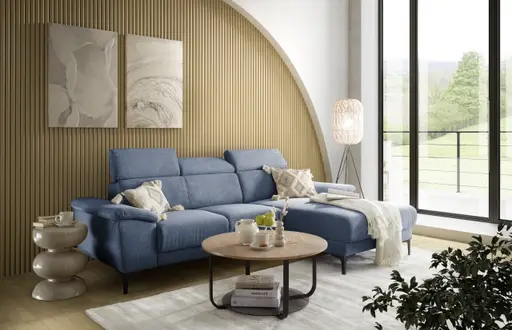 Ecksofa EZRA - 2-Sitzer, Ecke rechts inkl. Kopfteilverstellungen, Stoff, Blau