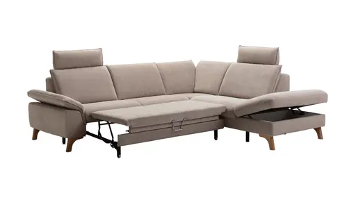 Ecksofa Tulsa KS - 2,5-Sitzer, Spitzecke und 1,5-Sitzer mit Anstellhocker aufklappbar rechts, inkl. Kopfstütze, AL verstellbar und Schlaffunktion, Stoff, Graubeige