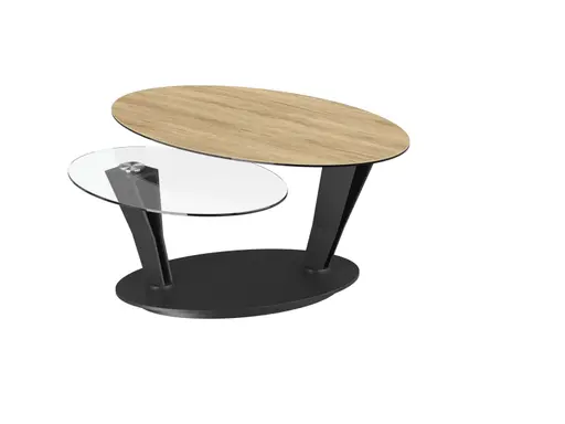 Couchtisch - Platten drehbar, LBH ca. 95/150x60x43 cm, Keramik, Eiche, Glas