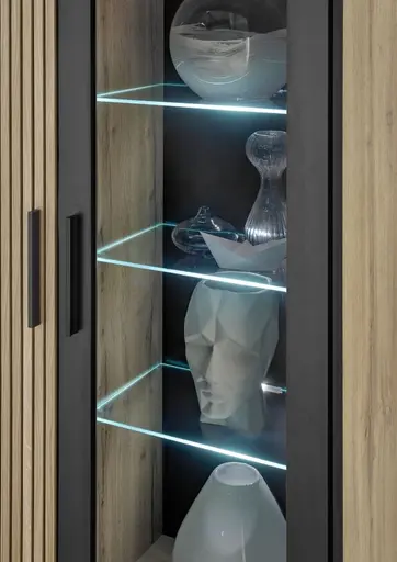 Vitrine- Eiche Dekor, Schwarz, Glas