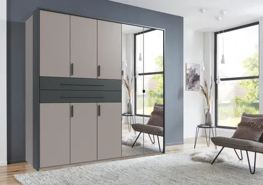 Drehtürenschrank- B ca. 225 cm, Saharagrau, Grafit, Spiegel