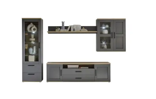 Wohnwand - mit Beleuchtung, Grau, Artisan Eiche Nachbildung