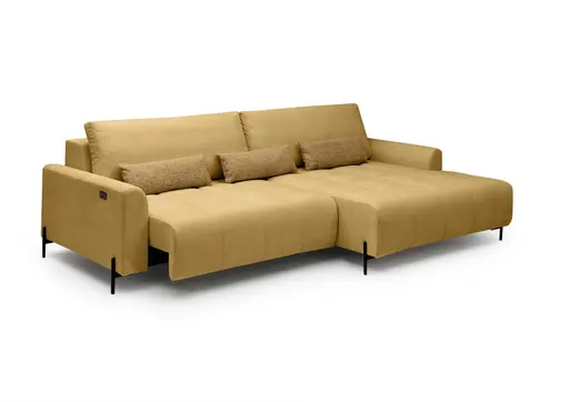 Ecksofa - 2-Sitzer mit Longchair rechts, Sitztiefe verstellbar motorisch, Stoff, Senfgelb