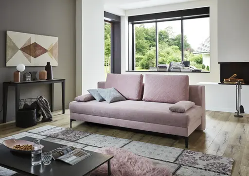 Querschläfer - 2-Sitzer mit Schlaffunktion inkl. zwei Rückenkissen, Stoff, Rosè