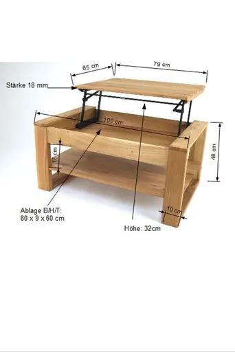Couchtisch - höhenverstellbar, LB ca. 100x65 cm, Eiche Massiv