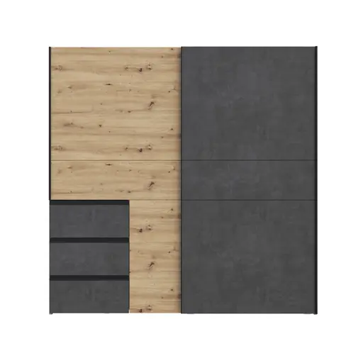 Schwebetürenschrank FJOLLA - B ca. 200,1 cm, Eiche Dekor, Betonoptik Dunkelgrau