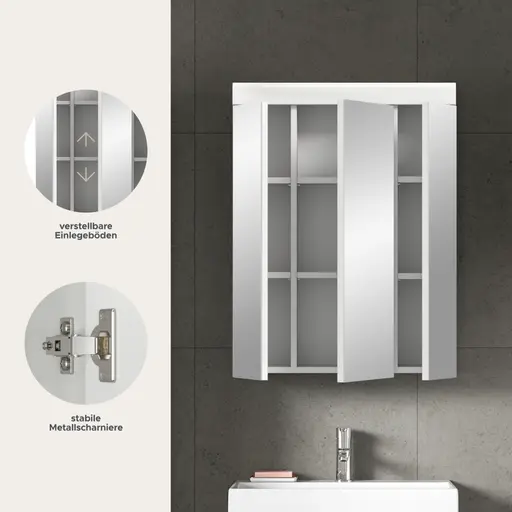 Spiegelschrank - B ca. 60 cm, Weiß, Weiß Hochglanz