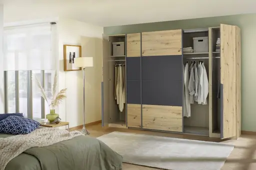 Schwebetürenschrank ROMAN- B ca. 180 cm, Eiche Dekor, Dunkelgrau