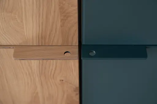 Drehtürenschrank Matera, B ca. 302, Ethno Eiche, Glas, blaugrün