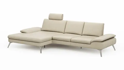 Ecksofa Collina - Longchair links, 2,5-Sitzer, inklusive Kopfstütze, Leder, Ecru