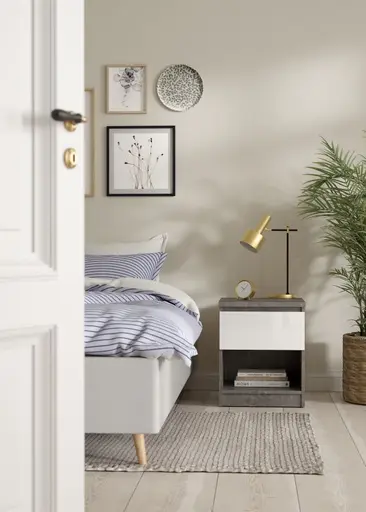 Nachtkonsole- B ca. 41 cm, Betonoptik, Weiß, Hochglanz