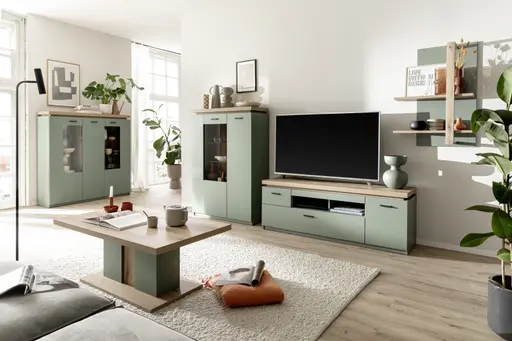 TV-Lowboard - mit Beleuchtung, B ca. 156 cm, Salbeigrün, Eiche Evoke Nachbildung