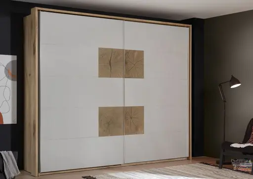 Schwebetürenschrank- B ca. 270 cm, Eiche Dekor, Hellgrau, Hirnholz