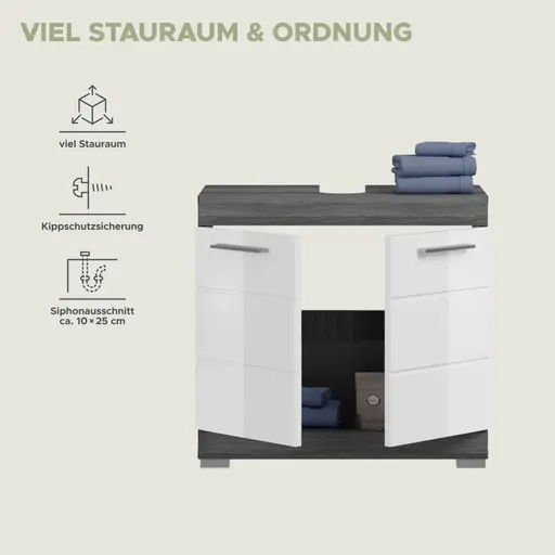 Waschbeckenunterschrank - B ca. 60 cm, Rauchsilber, Weiß Hochglanz