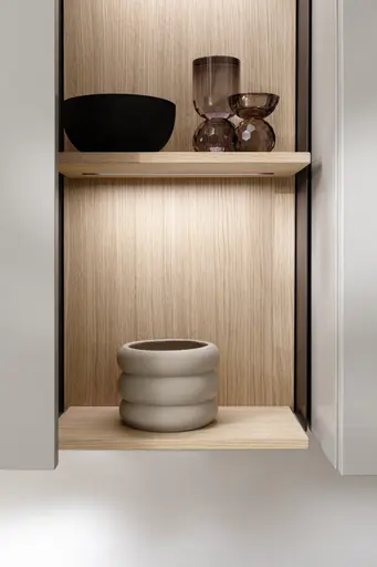 Wohnwand Venzone - B ca. 360 cm, Lack, Hellgrau, Eiche furniert