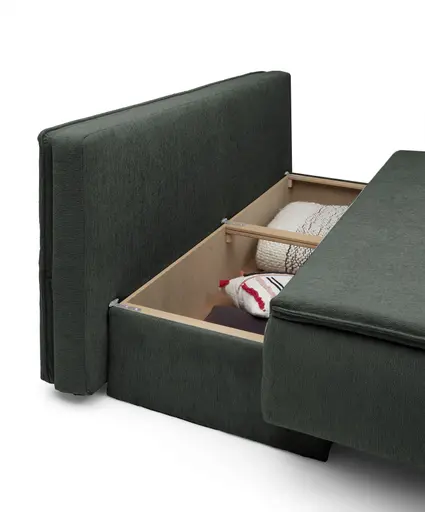 Sofa JANIN - 2-Sitzer, Schlaffunktion mit Bettkasten, Stoff, Dunkelgrün