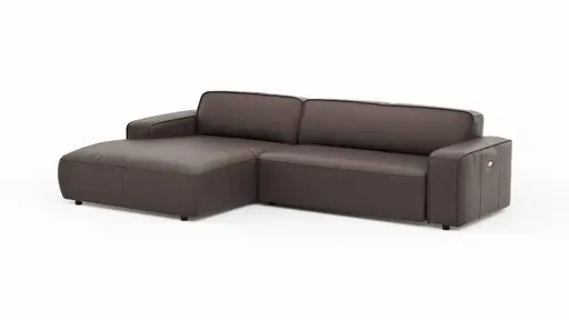 Ecksofa Denver - Longchair links, groß mit 2,5 Sitzer, inkl. Sitzvorzug (motorisch), Leder, Mocca