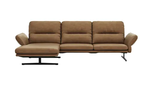 Ecksofa  Alexander -  Longchair links mit 3-Sitzer inkl. Kopfstütze/Armlehne verstellbar, Leder, Cognac