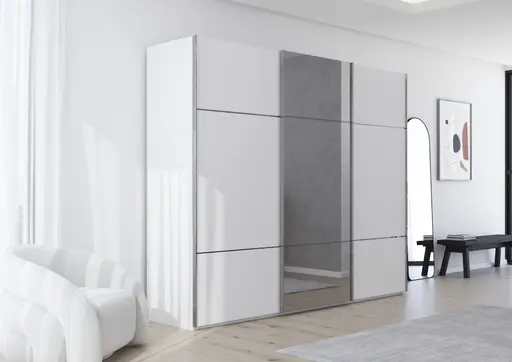 Schwebetürenschrank - B. ca. 301 cm, Alpinweiß Dekor, Mitteltür Spiegel