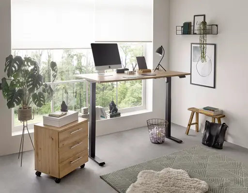 Schreibtisch - höhenverstellbar, LB ca. 137x68 cm, Eiche Dekor, Stahl, Schwarz