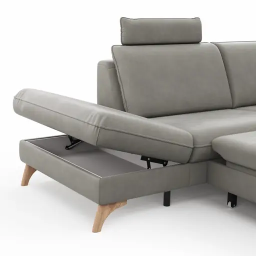 Ecksofa Tulsa KS - 1,5-Sitzer mit Anstellhocker aufklappbar links, Spitzecke und 2,5-Sitzer rechts, inkl. Kopfstütze, AL verstellbar und Schlaffunktion, Leder, Graubeige