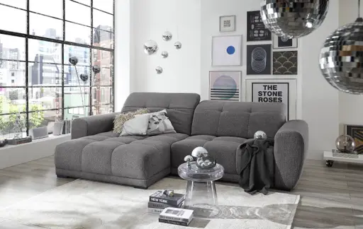 Ecksofa - Longchair links mit 2-Sitzer, Kopfteil verstellbar, Sitztiefe verstellbar motorisch, Stoff, Anthrazit