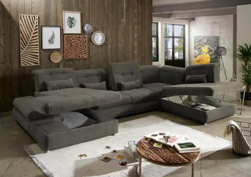 Wohnlandschaft -  Schlaffunktion mit 2 Bettkästen, Longchair links, 2-Sitzer, Ecke rechts, Microfaser, Dunkelgrau