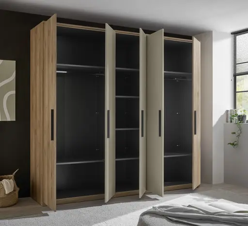 Drehtürenschrank - B. ca. 250,4 cm, Außentüren Holzdekor, Mitteltüren Beige