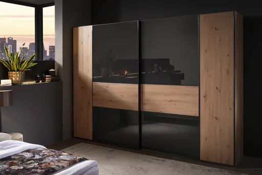 Schwebetürenschrank 2-türig EM Avola - B. ca. 298 cm, Dekor Eiche, Anthrazitglas