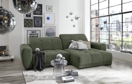 Ecksofa -2-Sitzer mit Longchair rechts, Kopfteil verstellbar, Sitztiefe verstellbar motorisch, Stoff, Moos