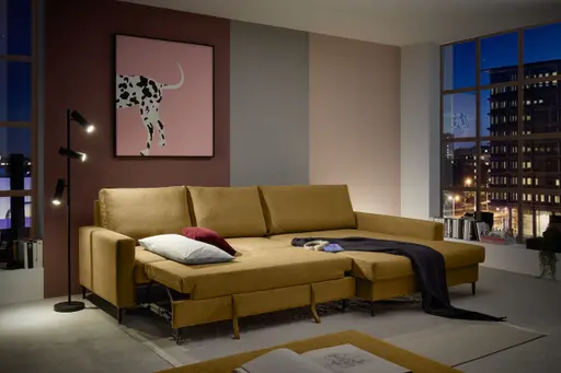 Ecksofa - 3-Sitzer mit Longchair rechts, Schlaffunktion mit Bettkasten, Stoff, Senfgelb