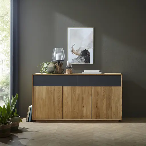 Sideboard Missoula - Asteiche massiv, natur geölt - Schubladen mit Glas anthrazit