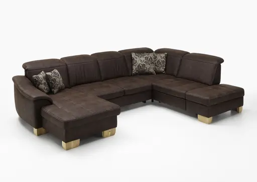 Wohnlandschaft - Longchair links mit 2,5-Sitzer und Ecke rechts, Kopfteil verstellbar, Stoff, Mocca