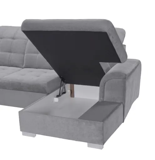 Wohnlandschaft - Ecke links, 2-Sitzer, Longchair rechts inkl. Schlaffunktion und Bettkasten, verstellbare Kopfstützen, Stoff, Grau