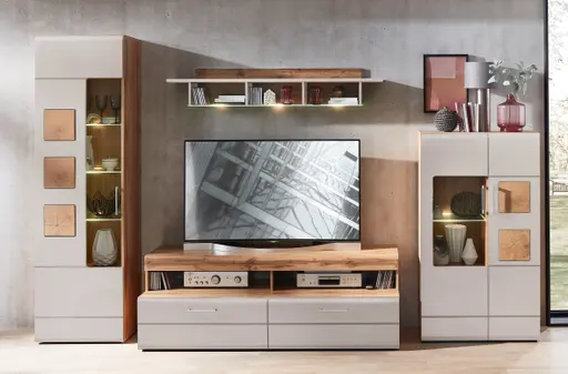 Wohnwand - mit Beleuchtung, Eiche Altholz Nachbildung, Kaschmir