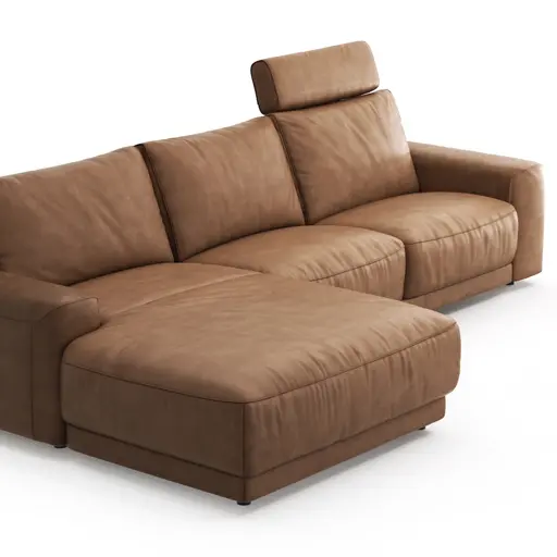 Ecksofa Balok - Longchair groß rechts mit 2,5-Sitzer, inkl. Relaxfunktion (motorisch) und Kopfstütze, Leder, Cognac